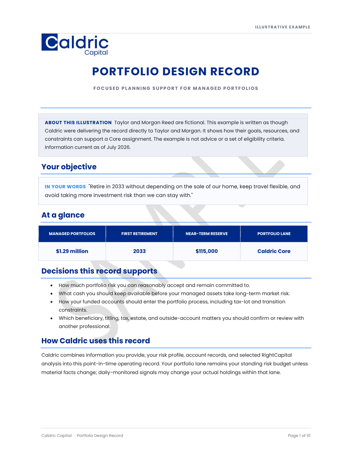 First page of the current illustrative Portfolio Design Record, prepared for a fictional household.